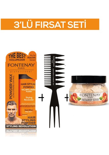 Pudra Toz Wax Turuncu 20 gr +Şekil Tarağı 034+ Face And Body Scrub Şeftali 350 ml 3'lü Set