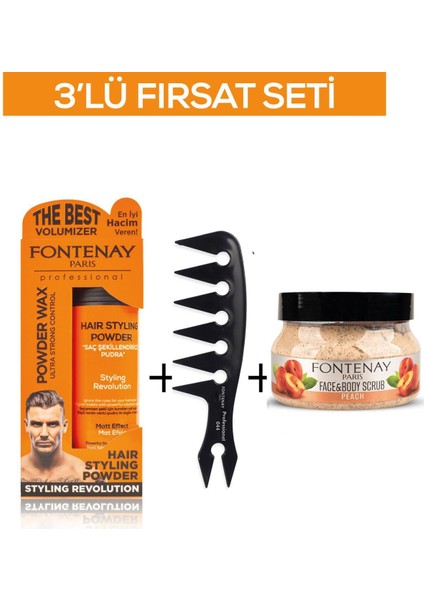 Pudra Toz Wax Turuncu 20 gr +Şekil Tarağı 044+ Face And Body Scrub Şeftali 350 ml 3'lü Set