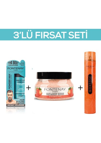 Pudra Toz Wax Mavi 20 gr + Face And Body Scrub Çilekli 350 ml + Saç Spreyi 400 ml 3'lü Set