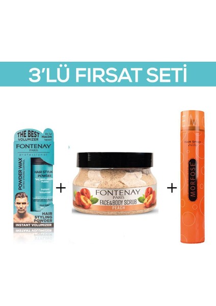 Pudra Toz Wax Mavi 20 gr + Face And Body Scrub Şeftali 350 ml + Saç Spreyi 400 ml 3'lü Set