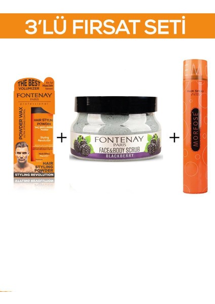 Pudra Toz Wax Turuncu 20 gr + Face And Body Scrub Böğürtlen 350 ml + Saç Spreyi 400 ml 3'lü Set