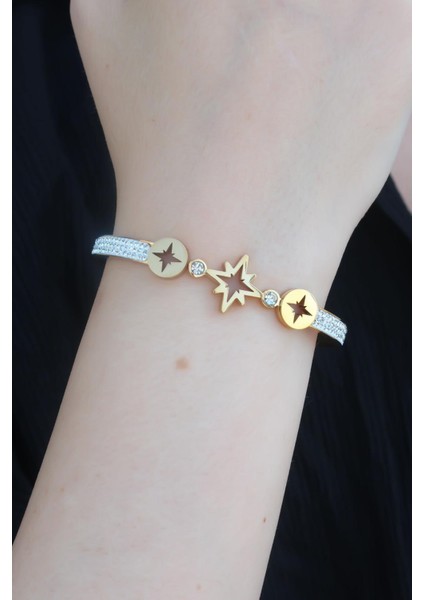 E-Bijuteri Çelik Gold Renk Kutup Yıldız Figür Zirkon Taşlı Kadın Kelepçe