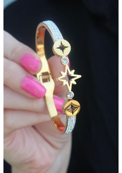 E-Bijuteri Çelik Gold Renk Kutup Yıldız Figür Zirkon Taşlı Kadın Kelepçe fiyatları