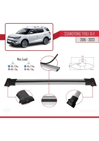 Ssangyong Tivoli Xlv 2016 ve Sonrası ile Uyumlu Fly Model Ara Atkı Tavan Barı Gri