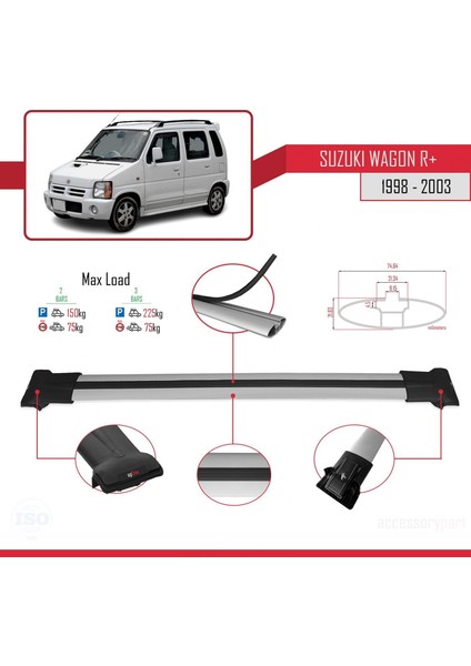 Suzuki Wagon R+ 1998-2003 Arası ile Uyumlu Fly Model Ara Atkı Tavan Barı Gri