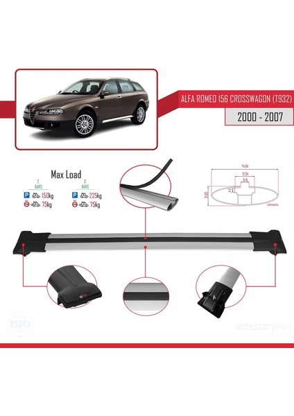 Alfa Romeo 156 Crosswagon (T932) 2000-2007 Arası ile Uyumlu Fly Model Ara Atkı Tavan Barı Gri modelleri