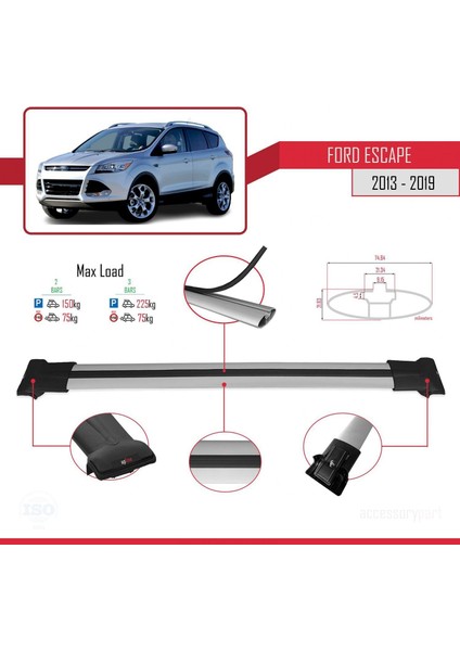 Ford Escape 2013-2019 Arası ile Uyumlu Fly Model Ara Atkı Tavan Barı Gri