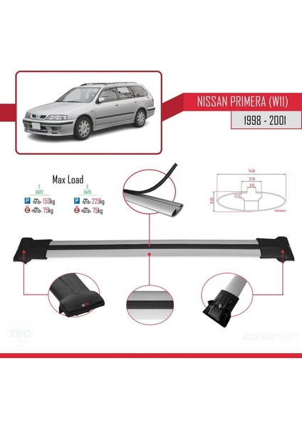 Nissan Primera (W11) 1998-2001 Arası ile Uyumlu Fly Model Ara Atkı Tavan Barı Gri modelleri