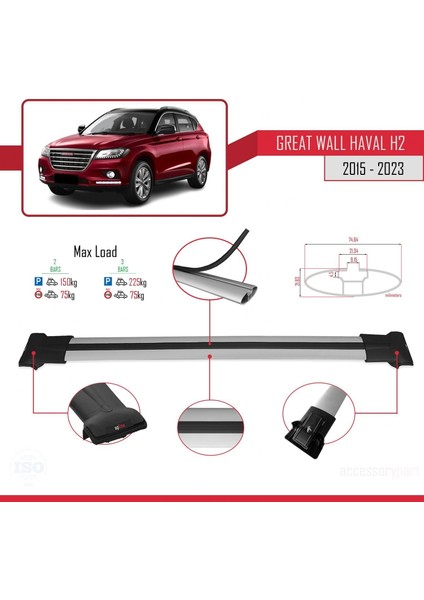 Great Wall Haval H2 2015 ve Sonrası ile Uyumlu Fly Model Ara Atkı Tavan Barı Gri modelleri