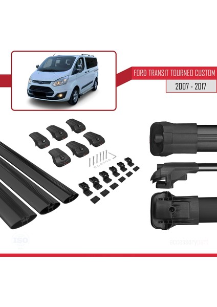 Ford Transit Tourneo - Custom 2007-2017 Arası ile Uyumlu Ace-1 Ara Atkı Tavan Barı Siyah 3 Adet Bar