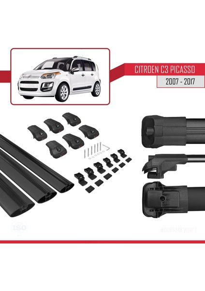Citroen C3 Picasso 2007 - 2017 Arası ile Uyumlu Ace-1 Ara Atkı Tavan Barı Siyah 3 Adet Bar indirimleri