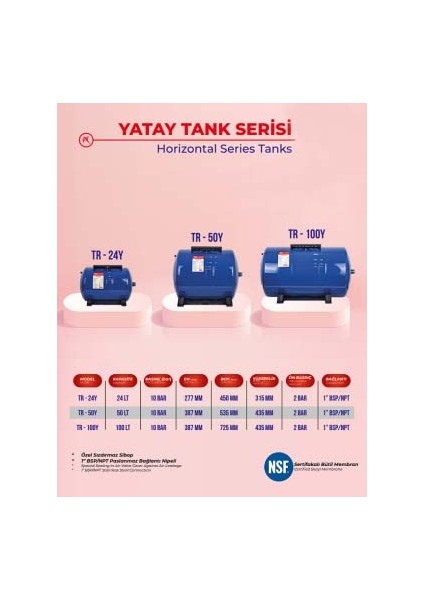 Trtank Profesyonel 24 Litre Yatay Ayaklı Nsf Membranlı Hidrofor Genleşme Tankı