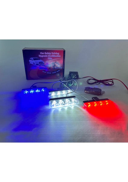 Mavi Kırmızı Beyaz Panjur Led 4lü Çakarlı Modlu Kumandalı 12v