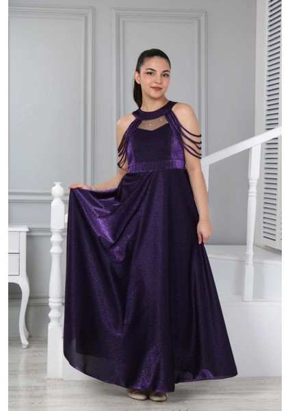 Kız Çocuk Uzun Mor Saten Abiye Gece Mezuniyet ELBISESI-ABY-0029