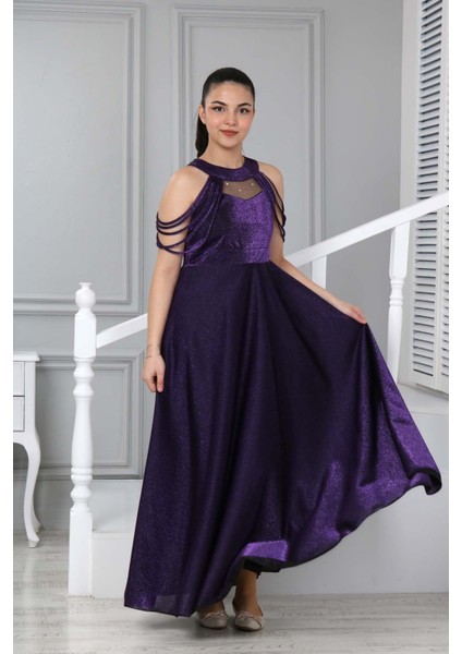Kız Çocuk Uzun Mor Saten Abiye Gece Mezuniyet ELBISESI-ABY-0029