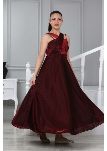 Kız Çocuk Uzun Bordo Saten Abiye Gece Mezuniyet ELBISESI-ABY-0029