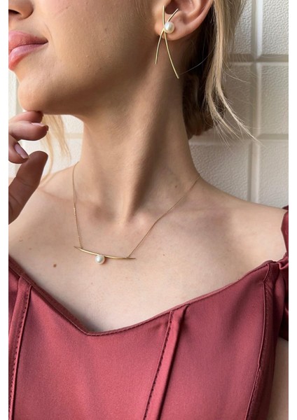 14 Ayar Altın Kadın Tek Incili Kolye Küpe 2'li Set