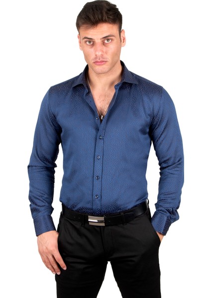 Dik Yaka Nokta Desenli Jakarlı Slim Fit Erkek Gömlek 2309349