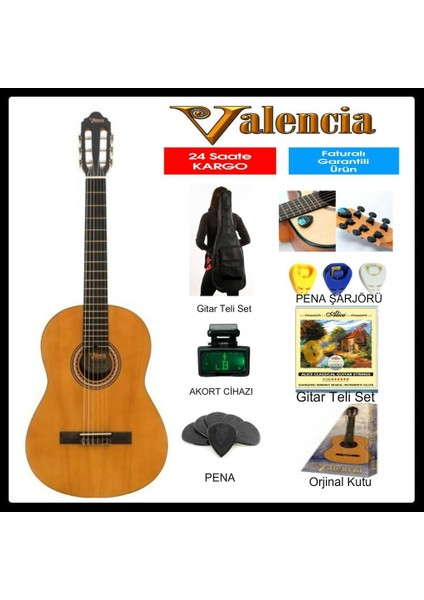 VC204 4/4 Klasik Gitar + Kılıf + Pena + Akort Cihazı Naturel