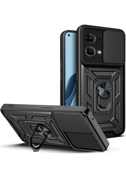 Oppo Reno 7 4g Kılıf Kamera Korumalı Sürgülü Yüzüklü Armor Military Tank Koruyucu Kapak