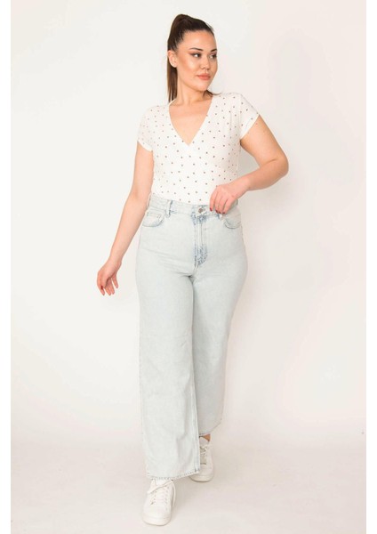 Kadın Mavi Büyük Beden Yıkama Efektli Mom Jean Pantolon 65N35621