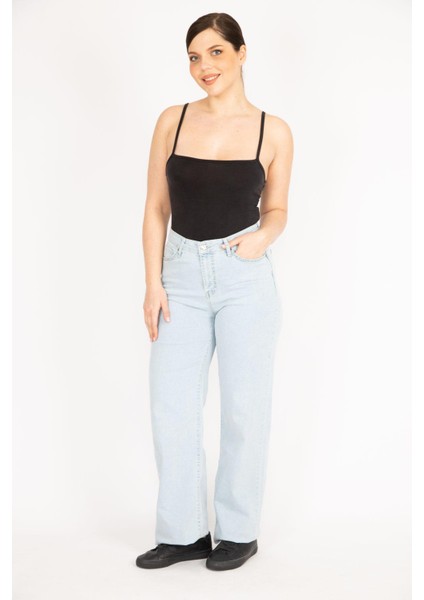 Kadın Mavi Büyük Beden Geniş Paçalı Yüksek Bel Kot Pantolon