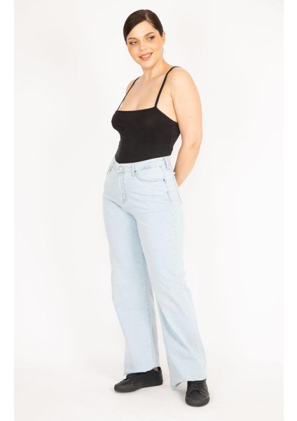 Kadın Mavi Büyük Beden Geniş Paçalı Yüksek Bel Kot Pantolon fiyatları