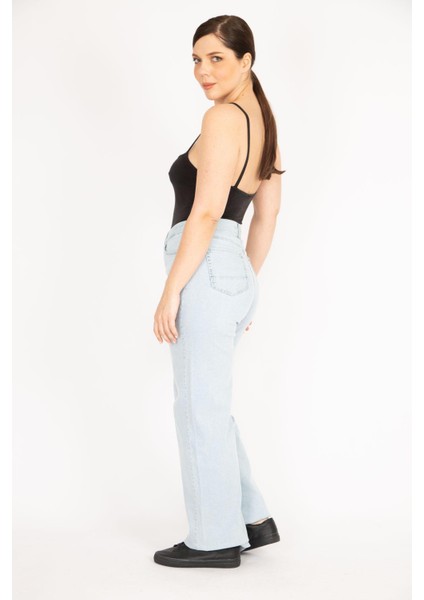 Kadın Mavi Büyük Beden Geniş Paçalı Yüksek Bel Kot Pantolon modelleri