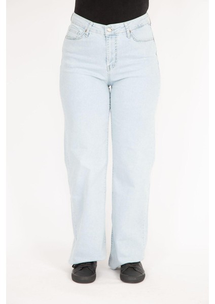 Kadın Mavi Büyük Beden Geniş Paçalı Yüksek Bel Kot Pantolon indirimleri