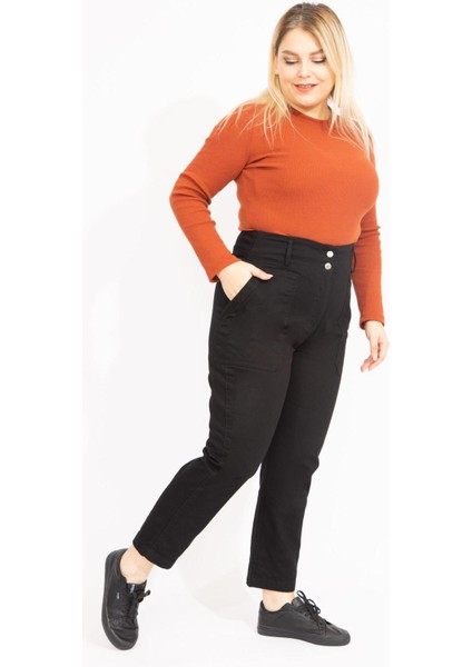 Kadın Siyah Yüksek Bel Takma Cepli Kot Pantolon 65N35549
