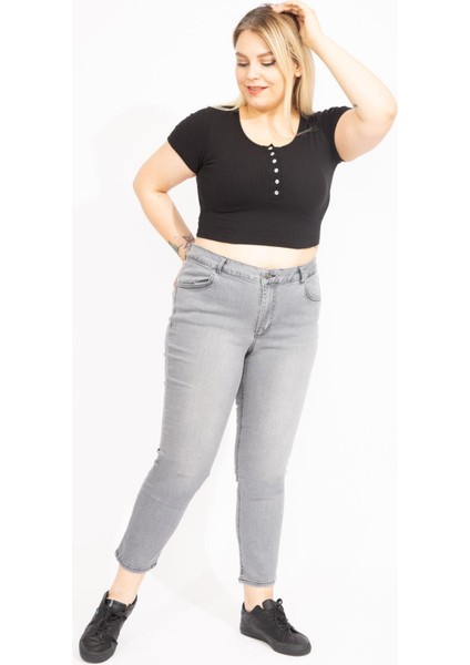 Kadın Gri Likralı 5 Cep Kot Pantolon 65N35551