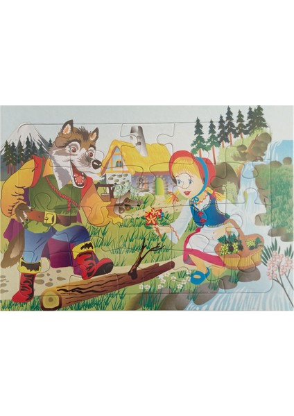 Kırmızı Başlıklı Kız ve Kötü Kurt Resimli Çocuk Puzzle Karton 32X23 cm