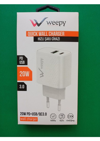 WPY-PD35 USB ve Type-C Çıkışlı Şarj Başlığı 20W/3A