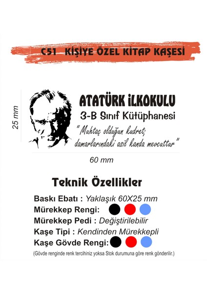 Atatürk Temalı Kişiye Özel Kitap Mühürü Kitap Kaşesi C51
