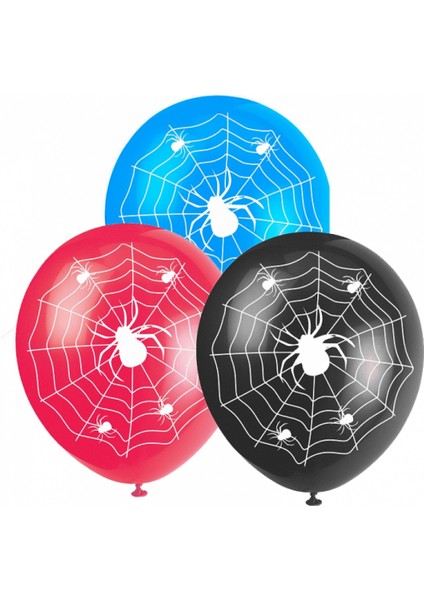 15 Adet - 12" Karışık Renk Balona Beyaz Örümcek Ağı Baskılı Balon (30 cm Çap)