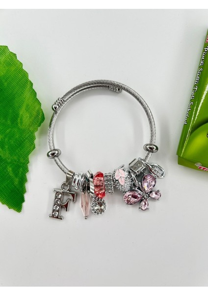 Kadın Charm F Harfi & Pembe Taşlı Çelik Kelebek Bileklik