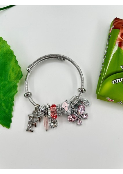 Kadın Charm F Harfi & Pembe Taşlı Çelik Kelebek Bileklik