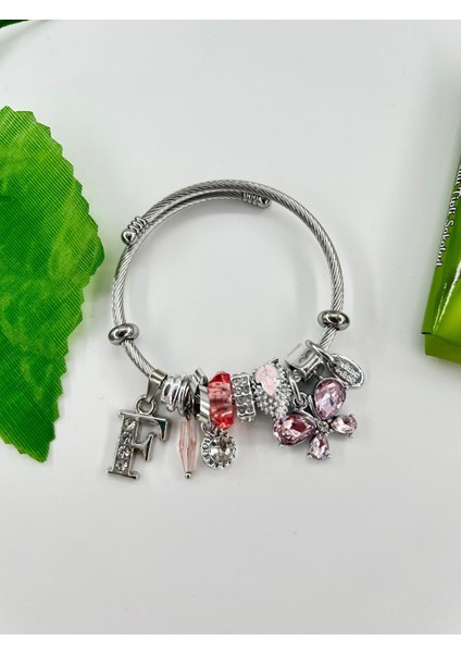 Kadın Charm F Harfi & Pembe Taşlı Çelik Kelebek Bileklik