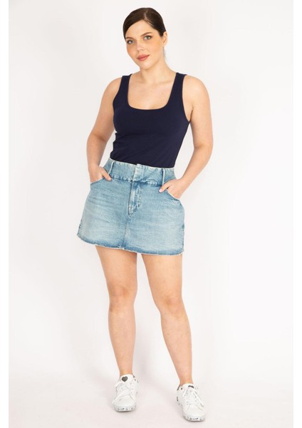 Kadın Mavi Büyük Beden Ön Fermuarlı Likralı Kot Etek