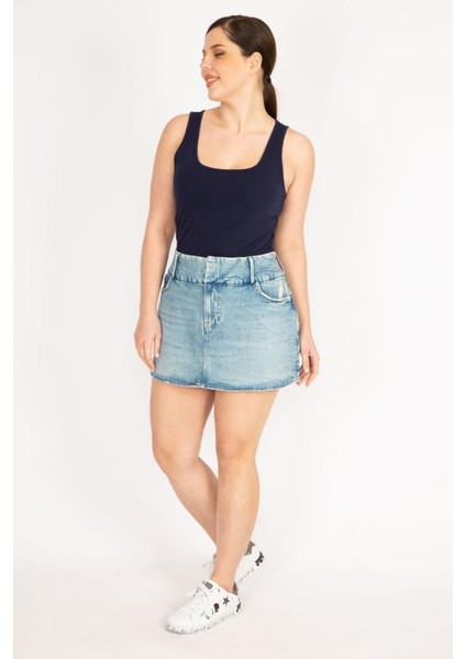 Kadın Mavi Büyük Beden Ön Fermuarlı Likralı Kot Etek fiyatları