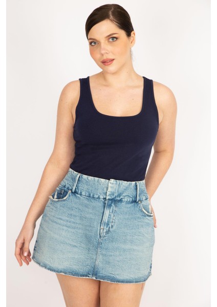 Kadın Mavi Büyük Beden Ön Fermuarlı Likralı Kot Etek modelleri