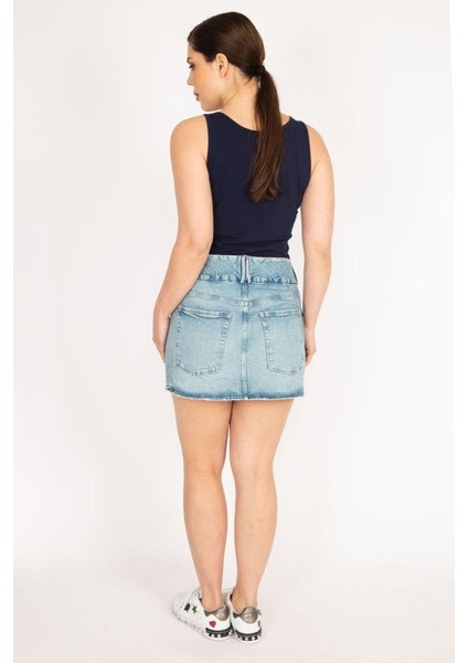 Kadın Mavi Büyük Beden Ön Fermuarlı Likralı Kot Etek fırsatları