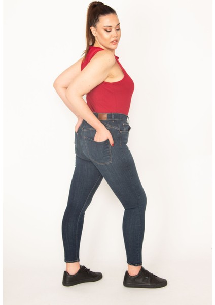 Kadın Lacivert 5 Cep Likralı Süper Skinny Jean Pantolon 65N35381