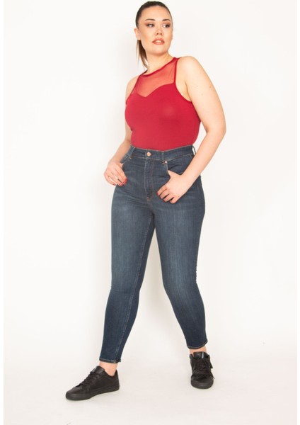 Kadın Lacivert 5 Cep Likralı Süper Skinny Jean Pantolon 65N35381