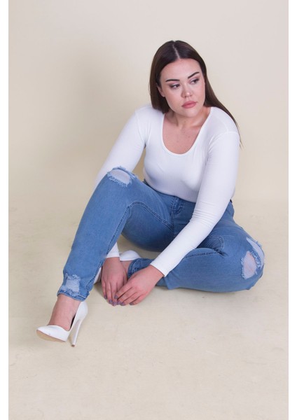 Kadın Mavi Yırtık Detaylı Likralı Kot Skinny Pantolon 65N35338