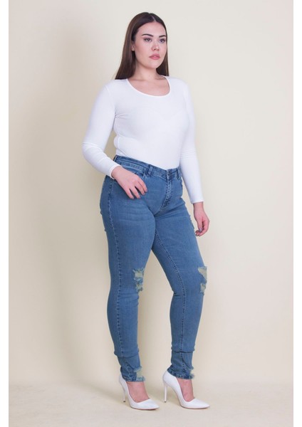 Kadın Mavi Yırtık Detaylı Likralı Kot Skinny Pantolon 65N35338 modelleri