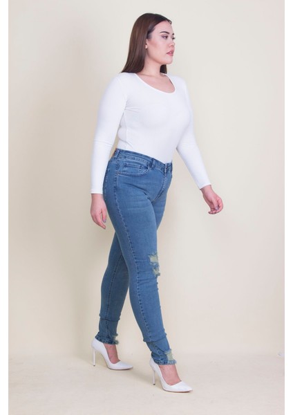 Kadın Mavi Yırtık Detaylı Likralı Kot Skinny Pantolon 65N35338 fırsatları