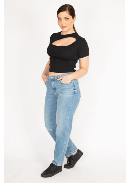 Kadın Mavi Büyük Beden Yıkama Efektli 5 Cepli Kot Pantolon fiyatları