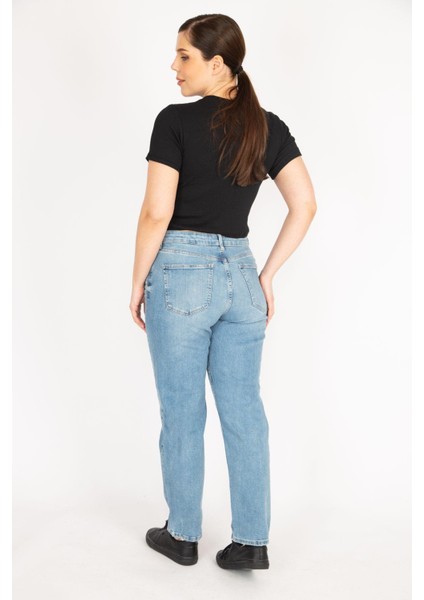 Kadın Mavi Büyük Beden Yıkama Efektli 5 Cepli Kot Pantolon fırsatları