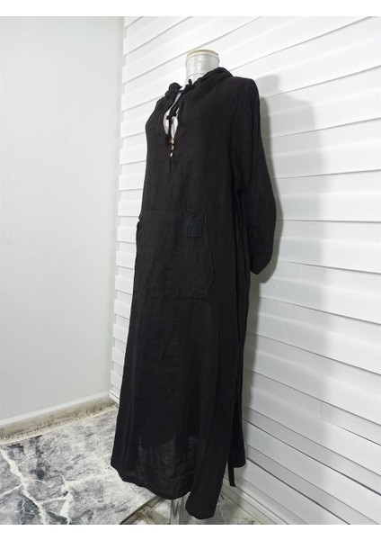 Bohomiyan İtalyan Cepli Şapkalı Keten Elbise(125 CM)